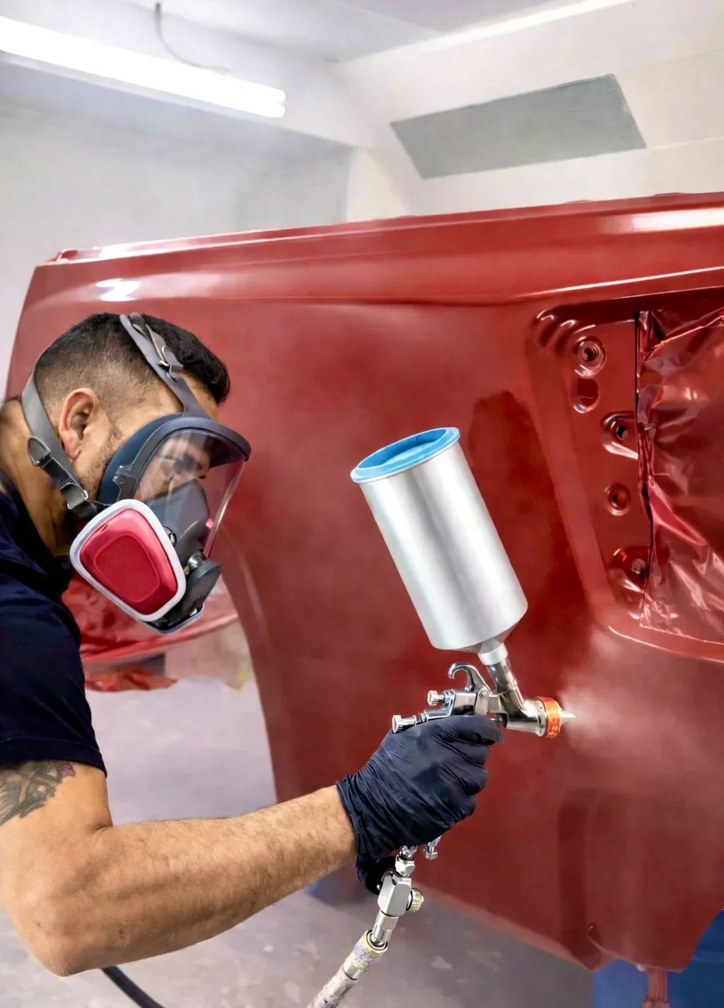 Technician spraying a red hood in the 1320Motorsport paint booth